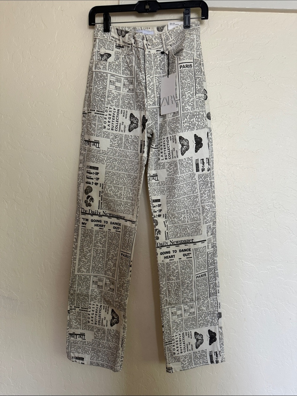 Zara Cream and Black Newspaper Print Wide-Leg Pants